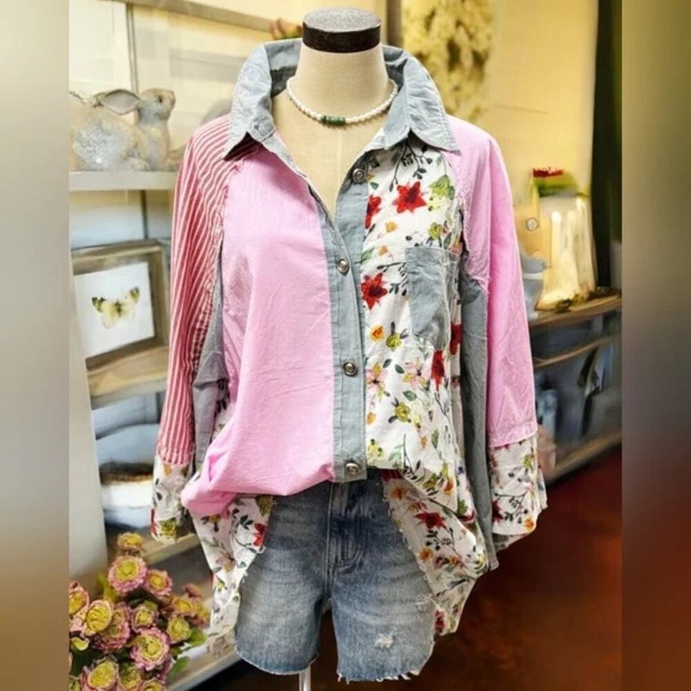 Pol Patchwork Button Down Shirt Boho Floral Shirt - image 2